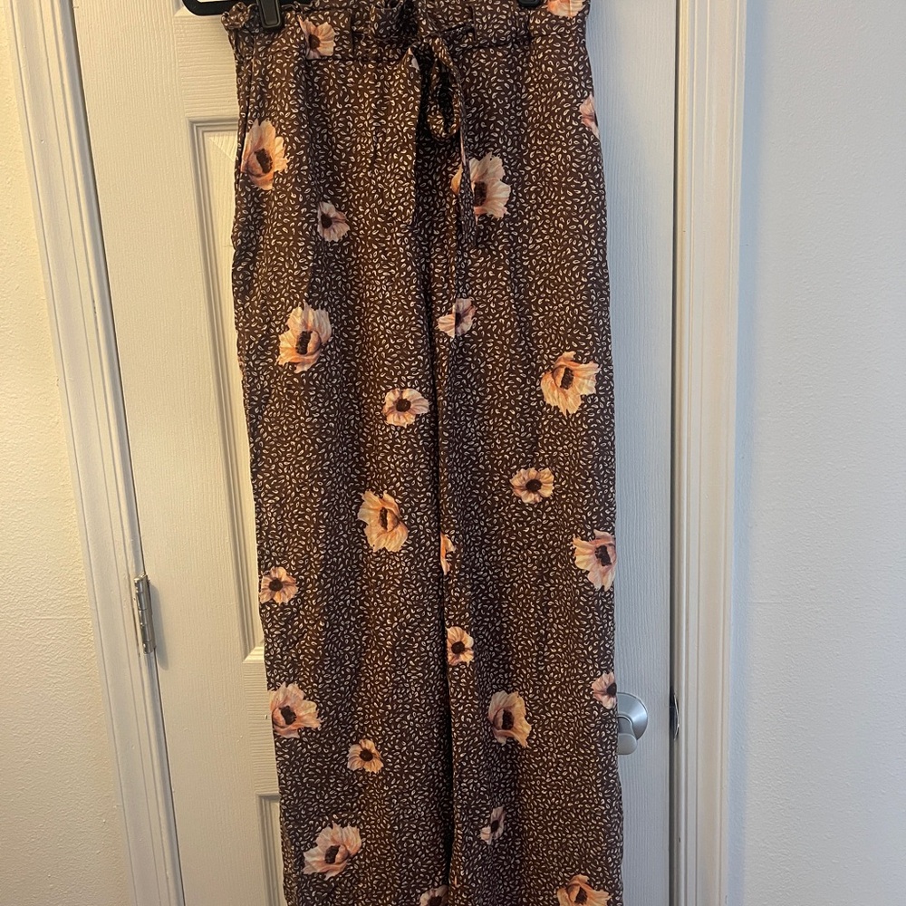Floral Brown Wide-Leg Pants
